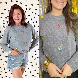 Crew Neck Jeweled Pullover Sweater